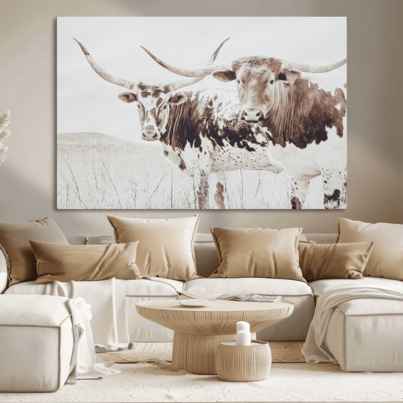 Two longhorn cattle standing in a dry grassy field with neutral tones, creating a rustic and farmhouse-inspired Western aesthetic.