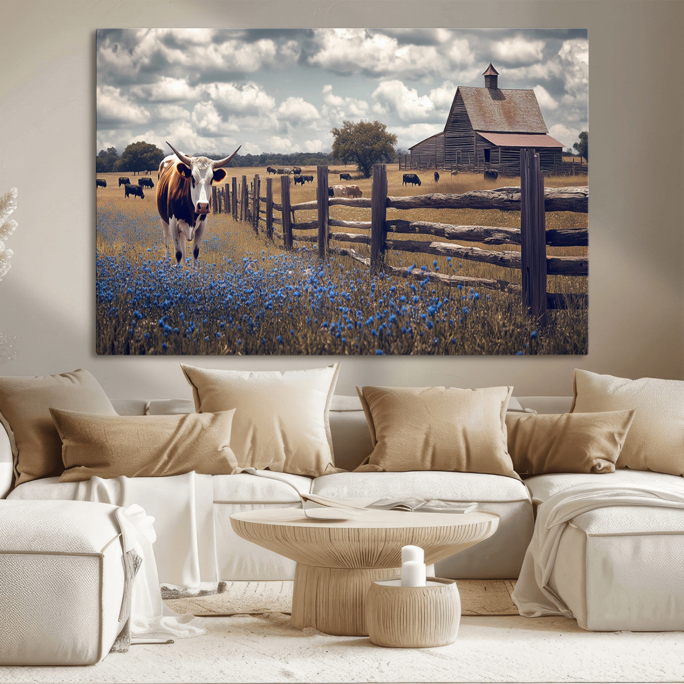 Framed canvas print of a Texas Longhorn near a rustic barn and fence, ideal for farmhouse or western-style home wall decor.
