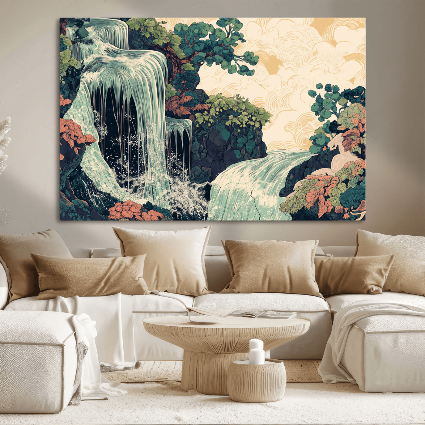 Stylized waterfall flowing through rocky terrain and lush foliage in an oriental art style, ideal for peaceful and nature-themed interiors.