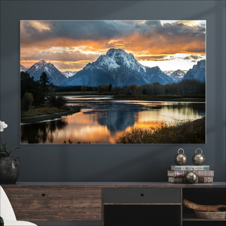 Mountain Sunset Wall Art Canvas Print, Framed Alpine Wilderness Art Picture Print, Golden Hour Perfect Wilderness Decor Artwork