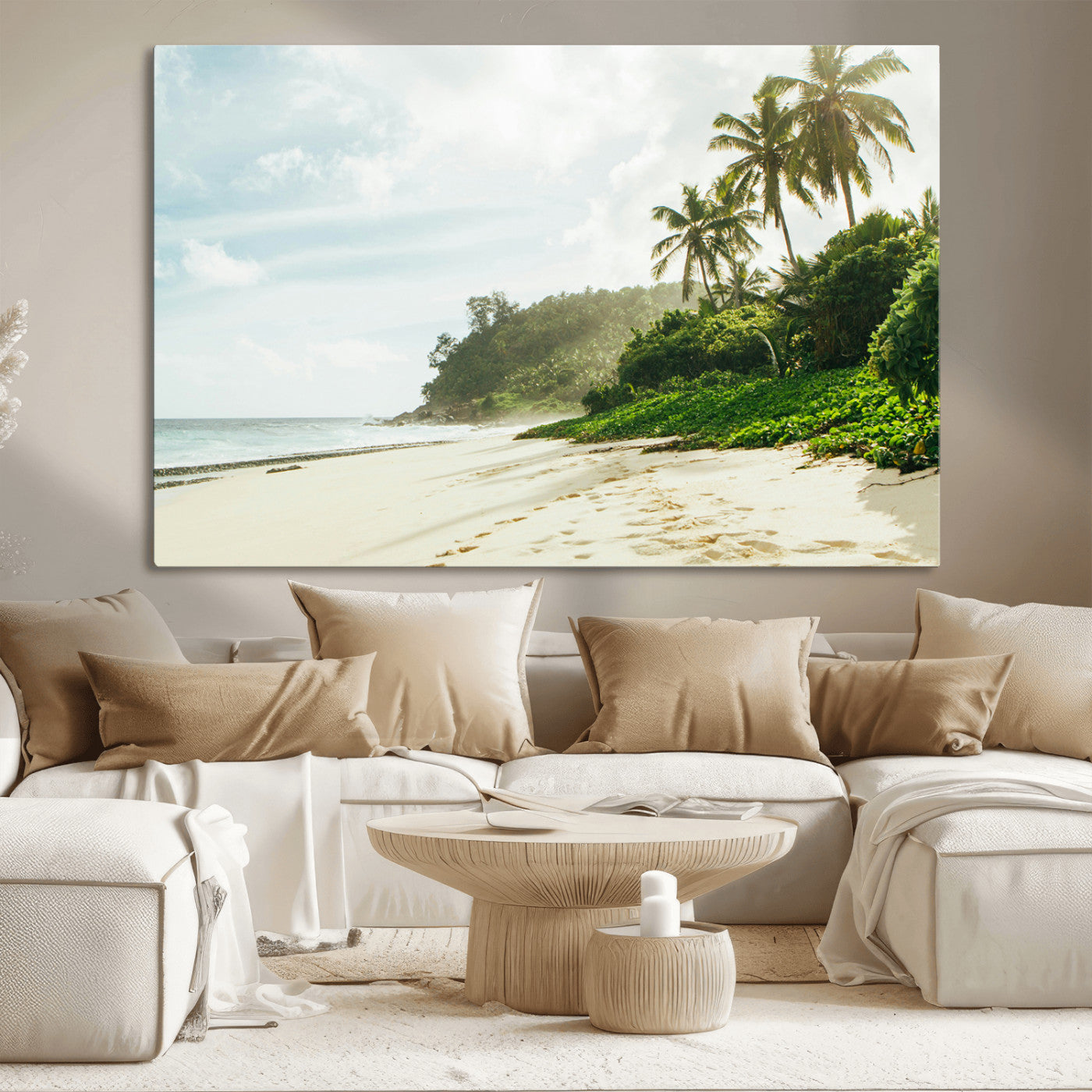 A tropical beach with palm trees, soft sand, and ocean waves under a bright sky, creating a peaceful and relaxing coastal view.