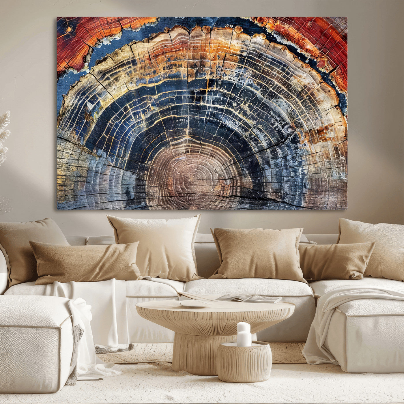 Close-up of petrified wood with rich earthy tones and intricate tree rings, highlighting natural texture and organic patterns.
