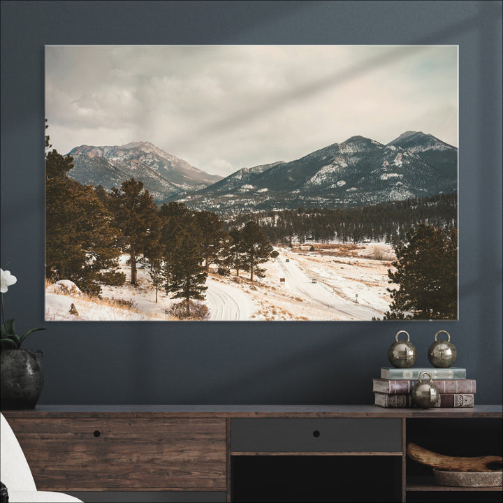 Mountain Landscape Wall Art Canvas Print, Framed Snowy Peaks Art Picture Print, Alpine Aesthetic Perfect Rustic Winter Decor Artwork