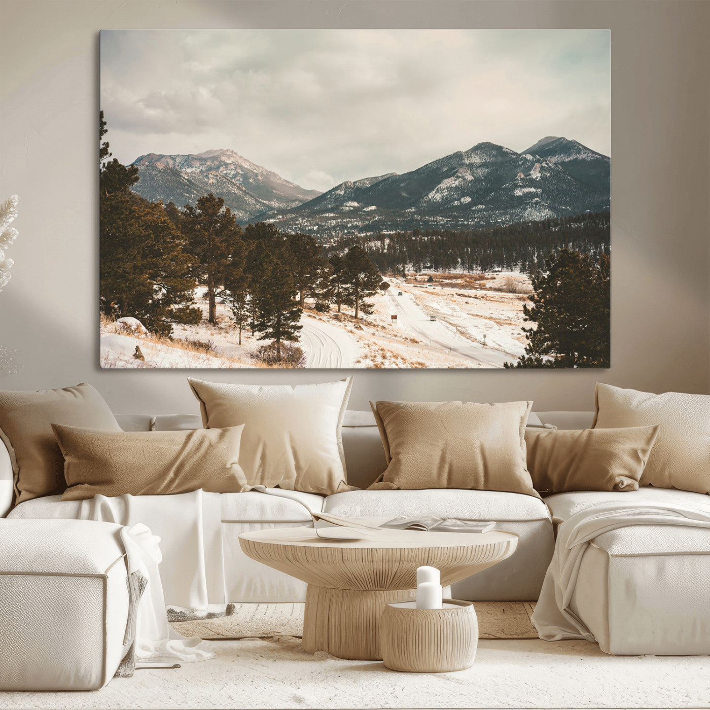 Snow-covered mountains with pine trees and a winding path, creating a serene and rustic winter landscape perfect for cozy decor.