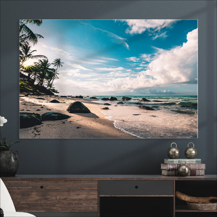 Tropical Beach Wall Art Canvas Print, Framed Ocean Waves Art Picture Print, Relaxing Seascape Perfect Tropical Coastal Decor Artwork