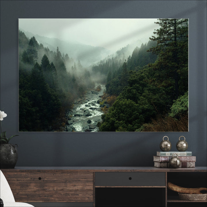 Misty Forest Wall Art Canvas Print, Framed Foggy River Art Picture Print, Moody Landscape Perfect Wilderness Decor Artwork