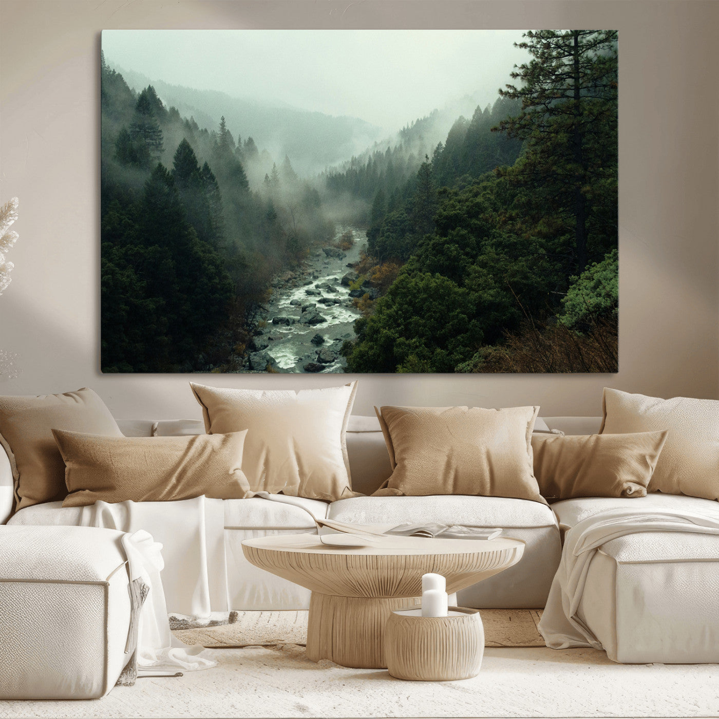 Misty forest with a winding river flowing through lush green mountains, creating a tranquil and moody wilderness landscape.