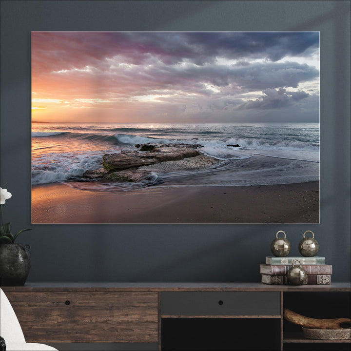 Golden Hour Wall Art Canvas Print, Framed Tranquil Waves Art Picture Print, Beach Perfect Coastal Serenity Decor Artwork