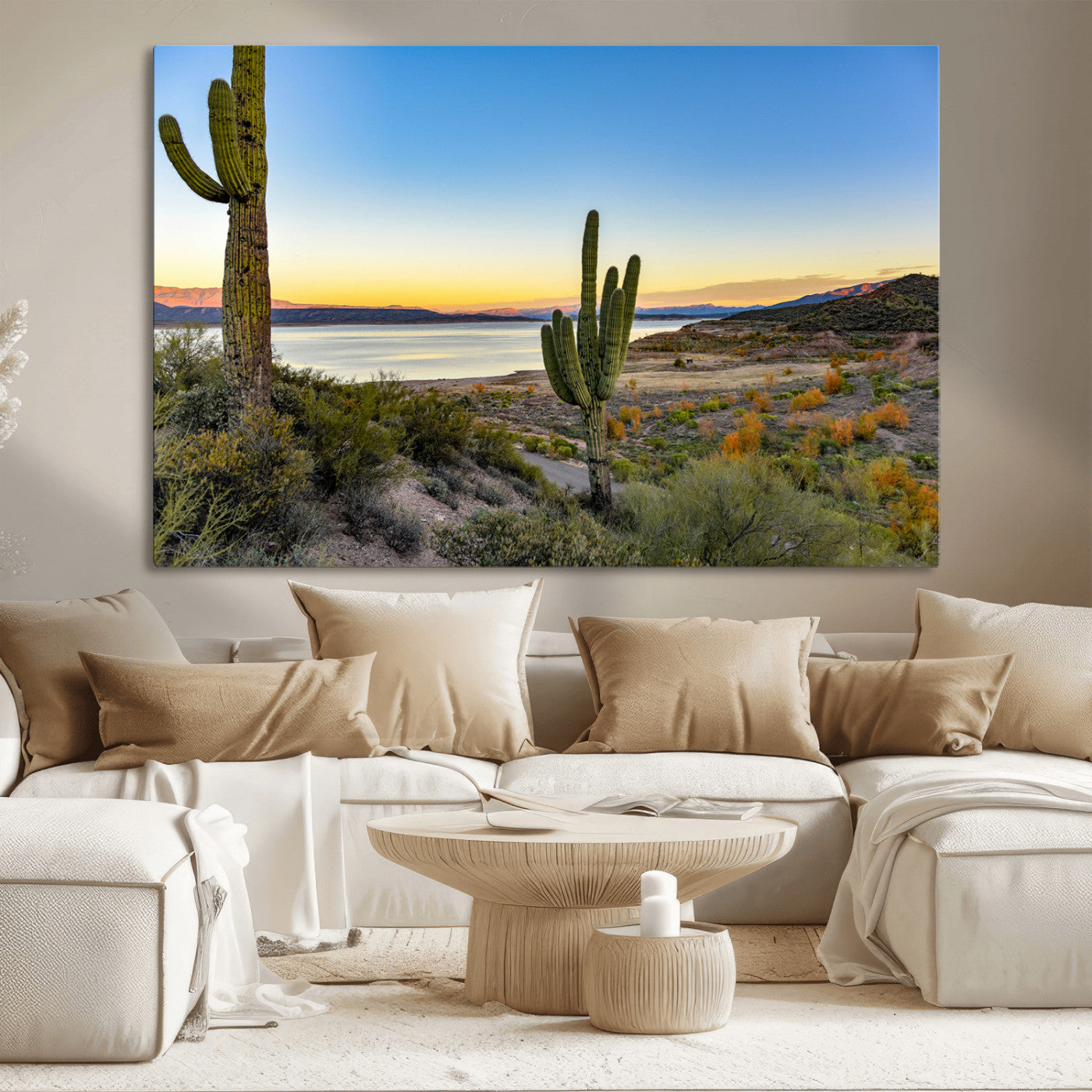 Desert landscape with saguaro cacti and lake at sunset, featuring vibrant sky and hills, ideal for Southwestern or rustic wall decor.