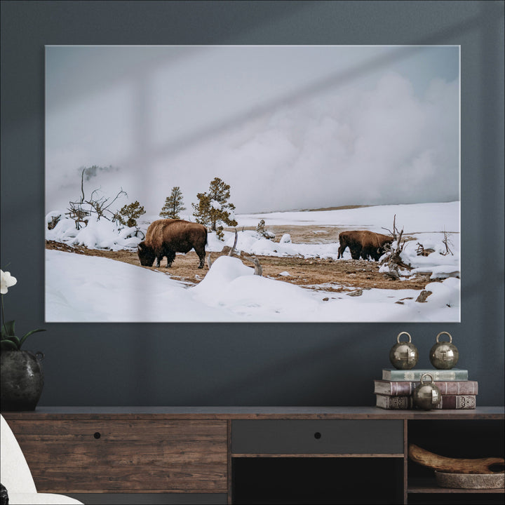 Bison Wildlife Wall Art Canvas Print, Framed Snowy Prairie Art Picture Print, Western Perfect Rustic Decor Artwork