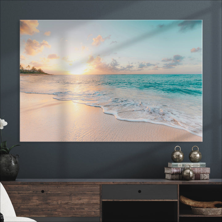 Beach Sunset Wall Art Canvas Print, Framed Ocean Waves Art Picture Print, Summer Escape Perfect Coastal Decor Artwork