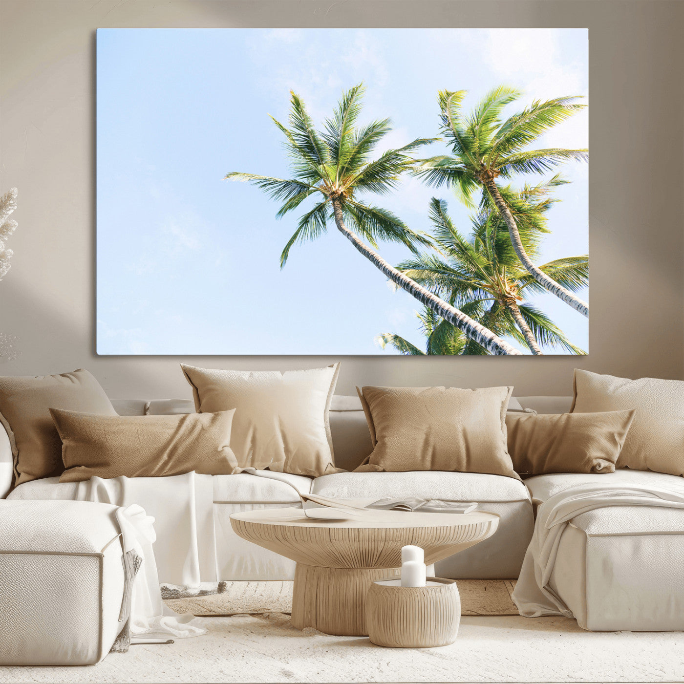 Tall palm trees swaying under a bright blue sky, capturing a tropical and minimalist beach vibe, perfect for coastal-inspired wall art.