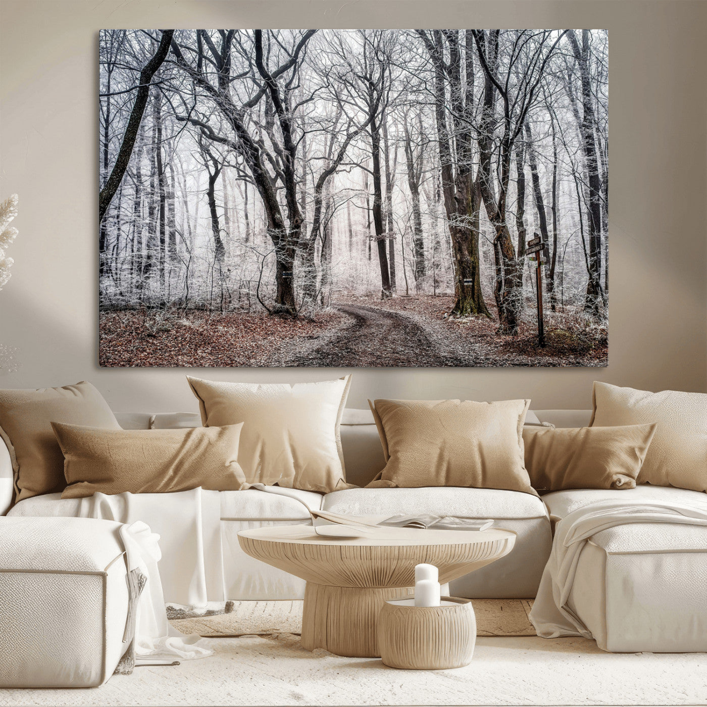 Snow-covered trees in a misty winter forest with a winding path, creating a serene and mysterious atmosphere, perfect for nature-inspired wall art.
