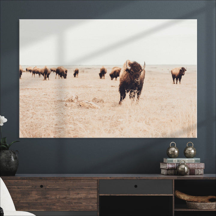 Bison Herd Wall Art Canvas Print, Framed Western Art Picture Print, Prairie Serenity Perfect Ranch Decor Artwork