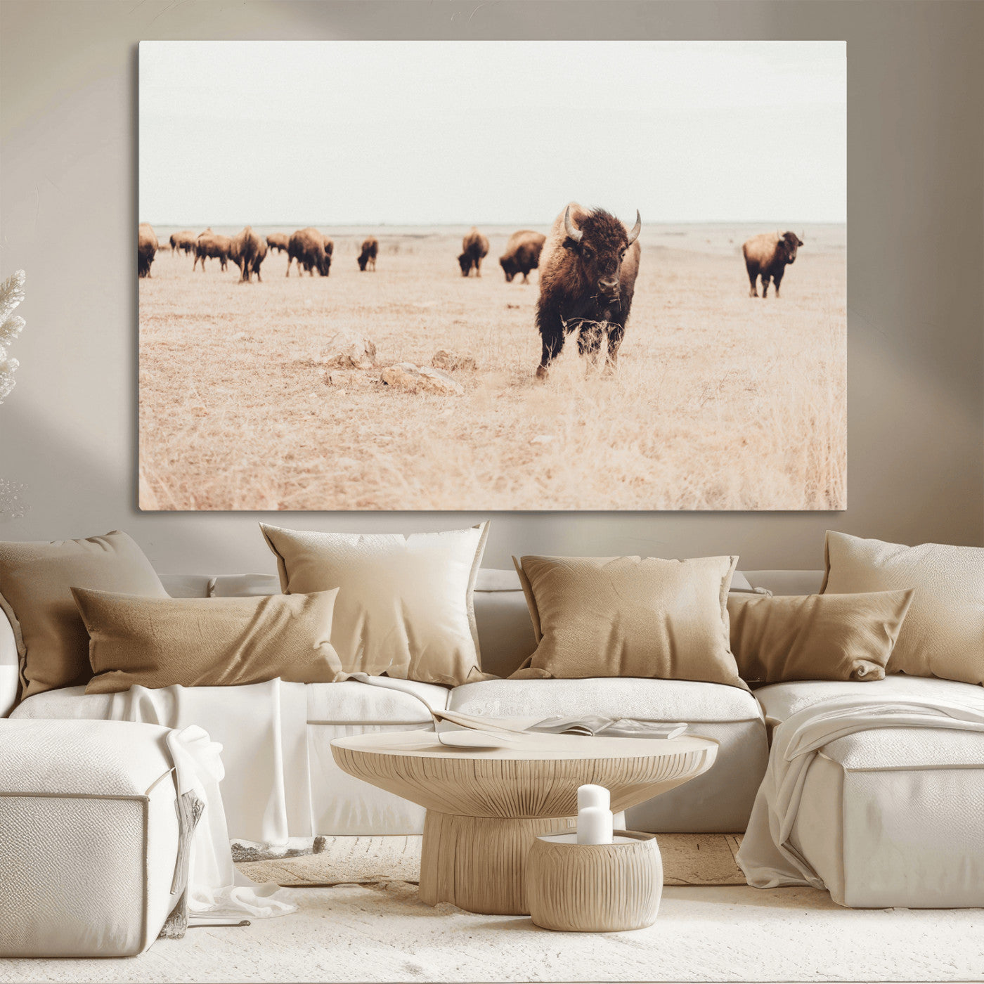 Herd of bison roaming a vast prairie with golden grass under a soft sky, creating a rustic and Western landscape, ideal for wall art.