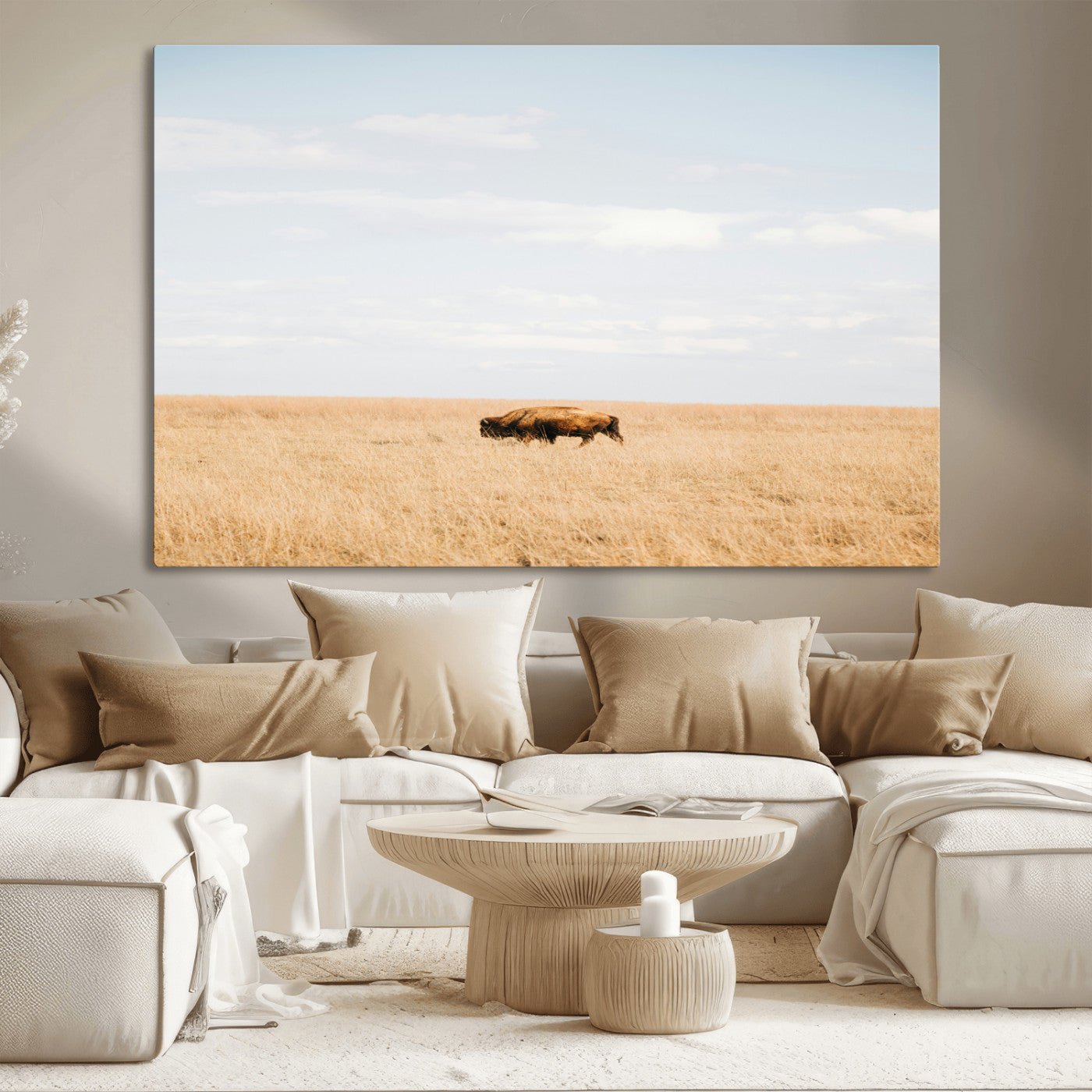 MGV-CV-36X24 - Minimalist Nature Wall Art Canvas Print, Framed Bison In Grassland Art Picture Print, Open Field Perfect Modern Ranch Decor Decor Artwork