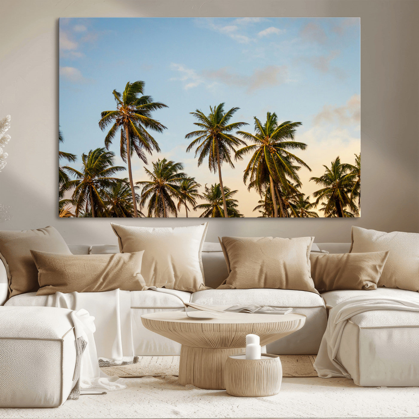 Tall palm trees swaying under a soft sunset sky, creating a tropical and relaxing atmosphere, perfect for coastal and beach-inspired wall art.
