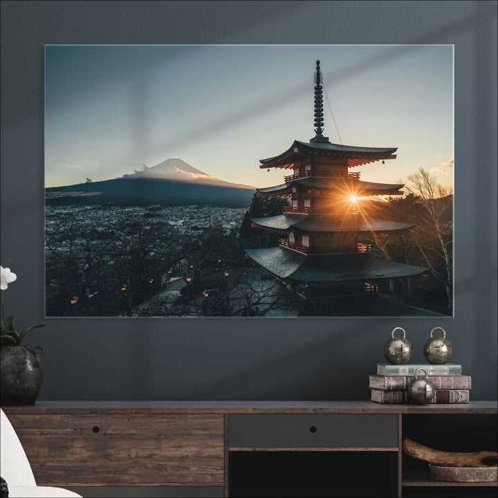Mount Fuji Wall Art Canvas Print, Framed Japan Travel Art Picture Print, Chureito Pagoda Perfect Zen Minimalism Decor Artwork