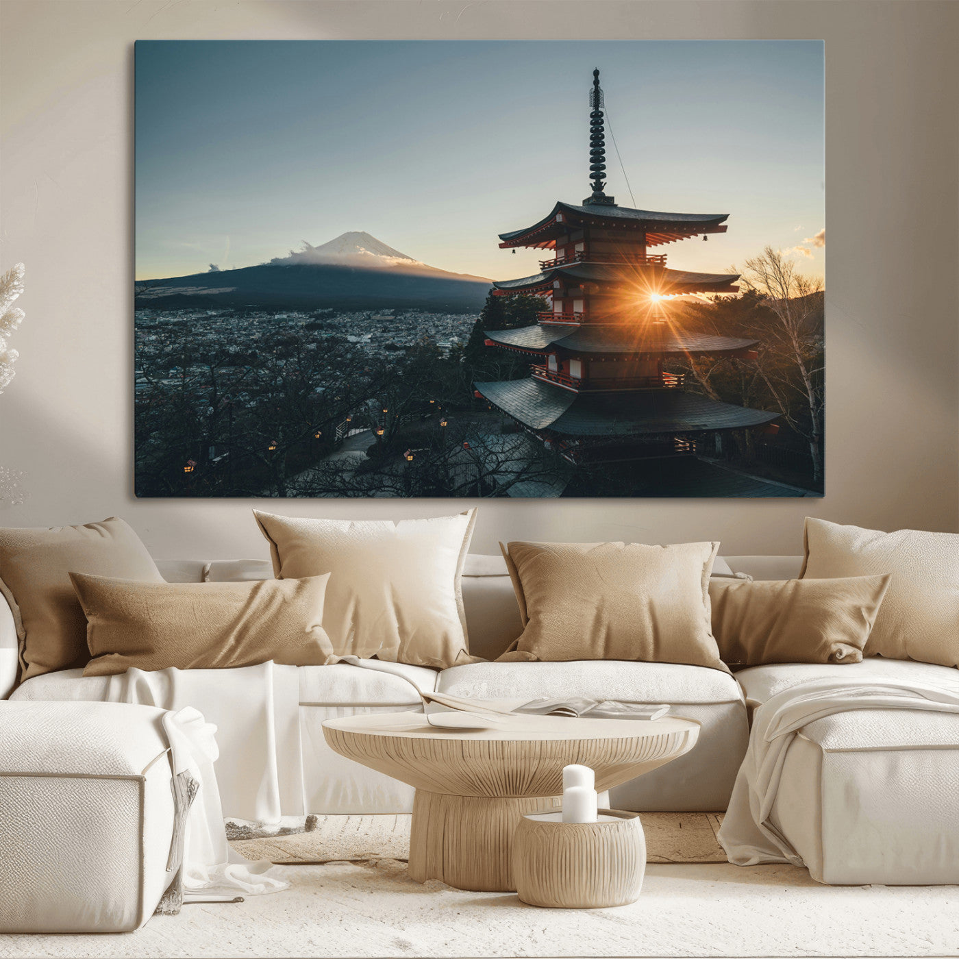 Chureito Pagoda at sunset with Mount Fuji in the background, city lights below, and golden sun rays, ideal for Japanese-inspired wall art.