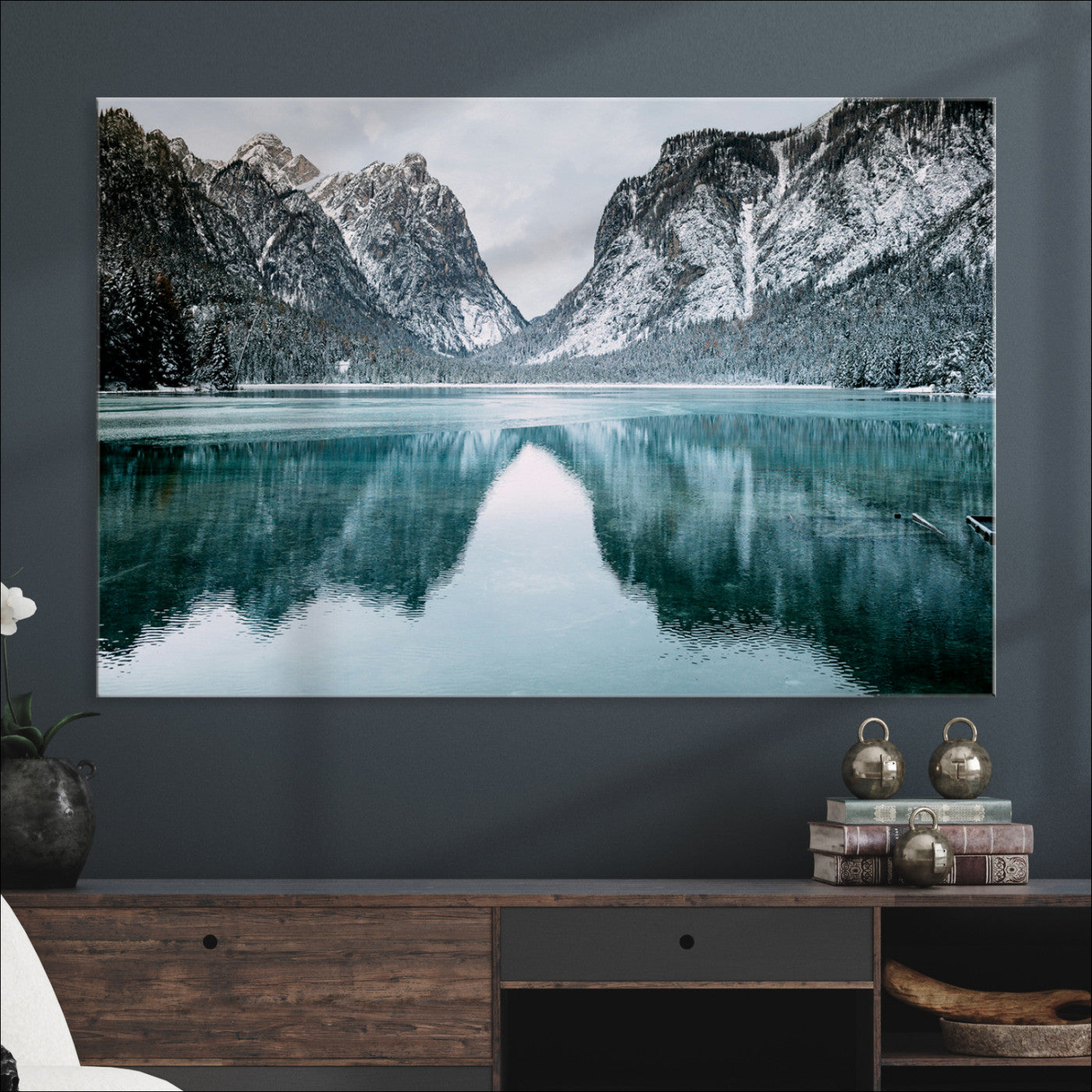 Mountain Lake Wall Art Canvas Print, Framed Winter Wonderland Art Picture Print, Snowy Peaks Perfect Modern Nature Decor Artwork