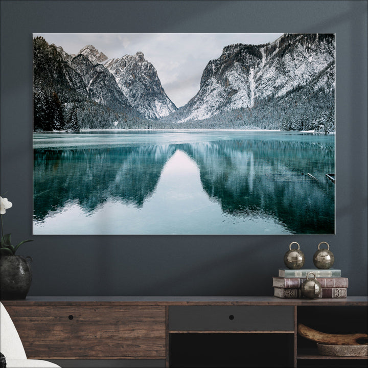 Mountain Lake Wall Art Canvas Print, Framed Winter Wonderland Art Picture Print, Snowy Peaks Perfect Modern Nature Decor Artwork