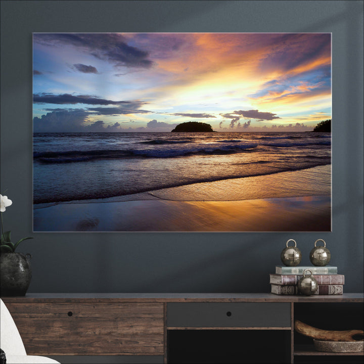 Beach Sunset Wall Art Canvas Print, Framed Ocean Waves Art Picture Print, Tropical Seascape Perfect Coastal Serenity Decor Artwork