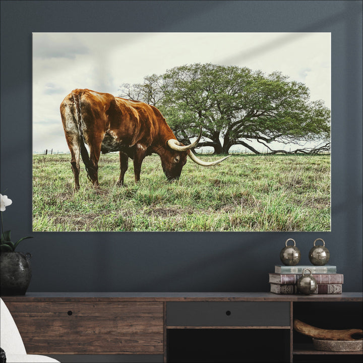 Texas Longhorn Wall Art Canvas Print, Framed Rustic Ranch Art Picture Print, Western Cattle Perfect Rustic Farmhouse Decor Artwork