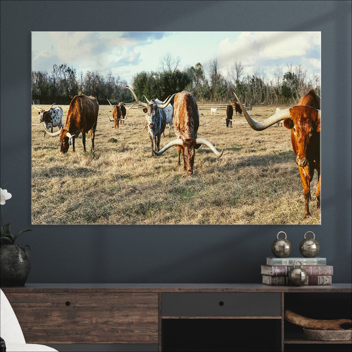 Texas Longhorns Wall Art Canvas Print, Framed Rustic Farm Scene Art Picture Print, Western Cattle Print Canvas Perfect Rustic Farmhouse
