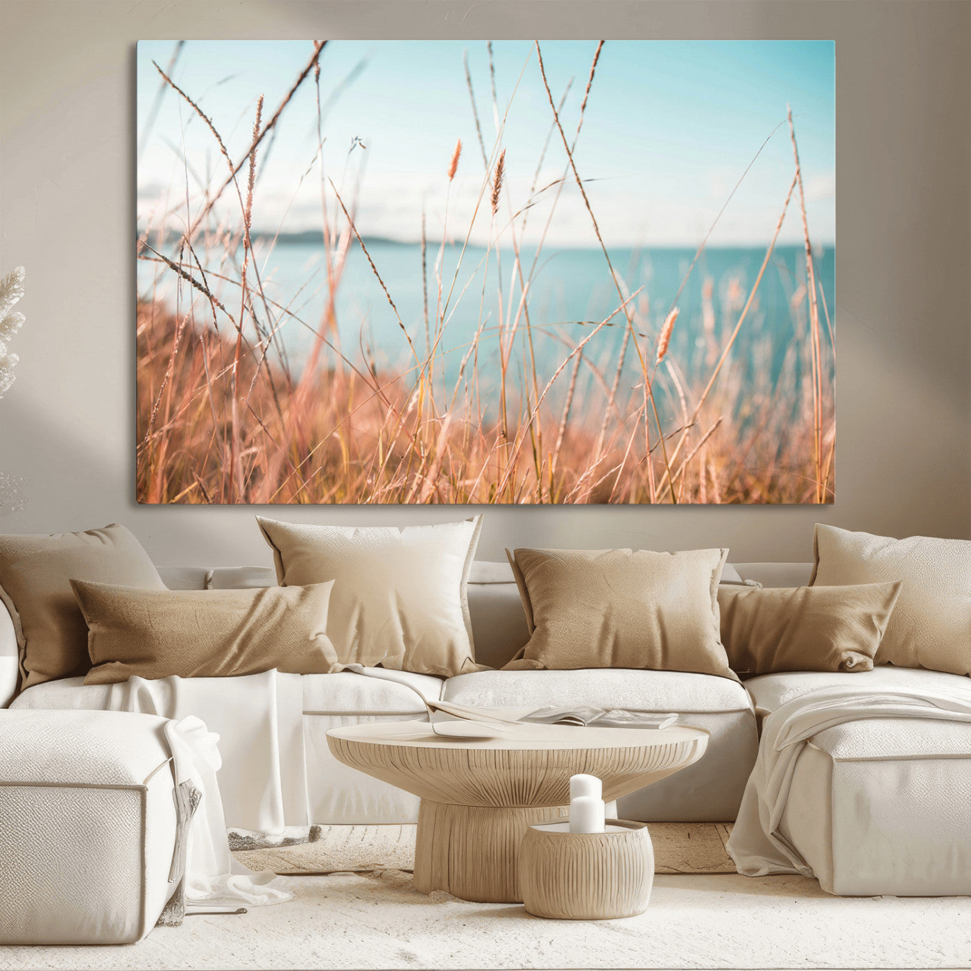 36108696-MGV-CV-36X24-Golden Beach Grass Ocean Breeze Soft Focus Tranquil Coastal Calm Blue Sky Seascape Nature Wall Art Canvas Print