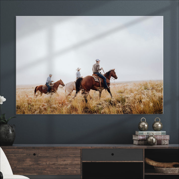 Western Cowboys Wall Art Canvas Print, Framed Rustic Prairie Art Picture Print, Horseback Riding Print Canvas, Perfect Rustic Western Decor