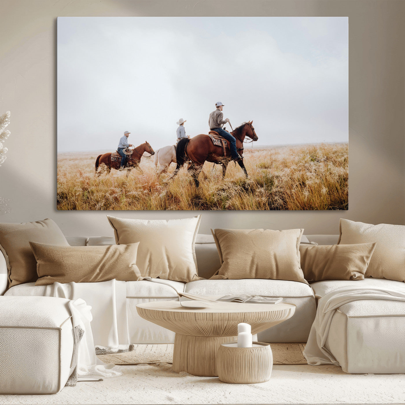 Three cowboys riding horses through a foggy prairie landscape, dressed in Western attire, evoking a rustic and adventurous Wild West aesthetic.