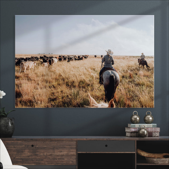 Western Wall Art Wall Art Canvas Print, Framed Cowboy Canvas Art Picture Print, Cattle Drive Scene Perfect Rustic Western Decor Artwork