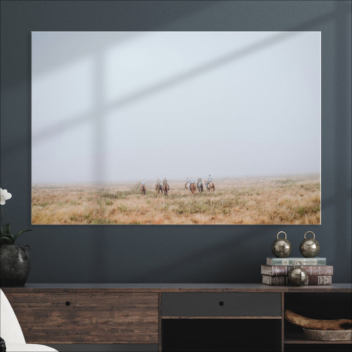 Foggy Plains Wall Art Canvas Print, Framed Horseback Riders Art Picture Print, Rustic Western Perfect Rustic Western Decor Artwork