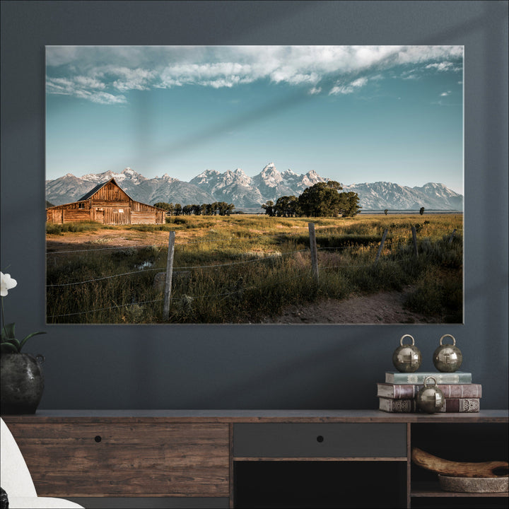 Rustic Farmhouse Wall Art Canvas Print, Framed Mountain Cabin Art Picture Print, Western Landscape Perfect Rustic Farmhouse Decor Artwork