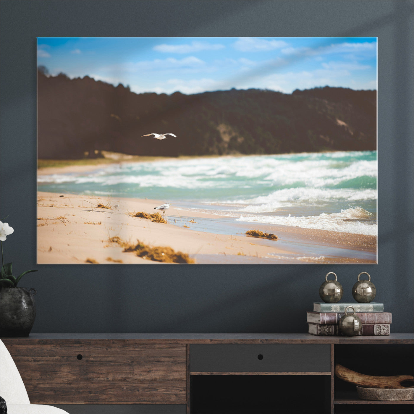 Tranquil Beach Scene Wall Art Canvas Print, Framed Blue Ocean Waves Art Picture Print, Sandy Coastline Perfect Coastal Cottage Decor Artwork