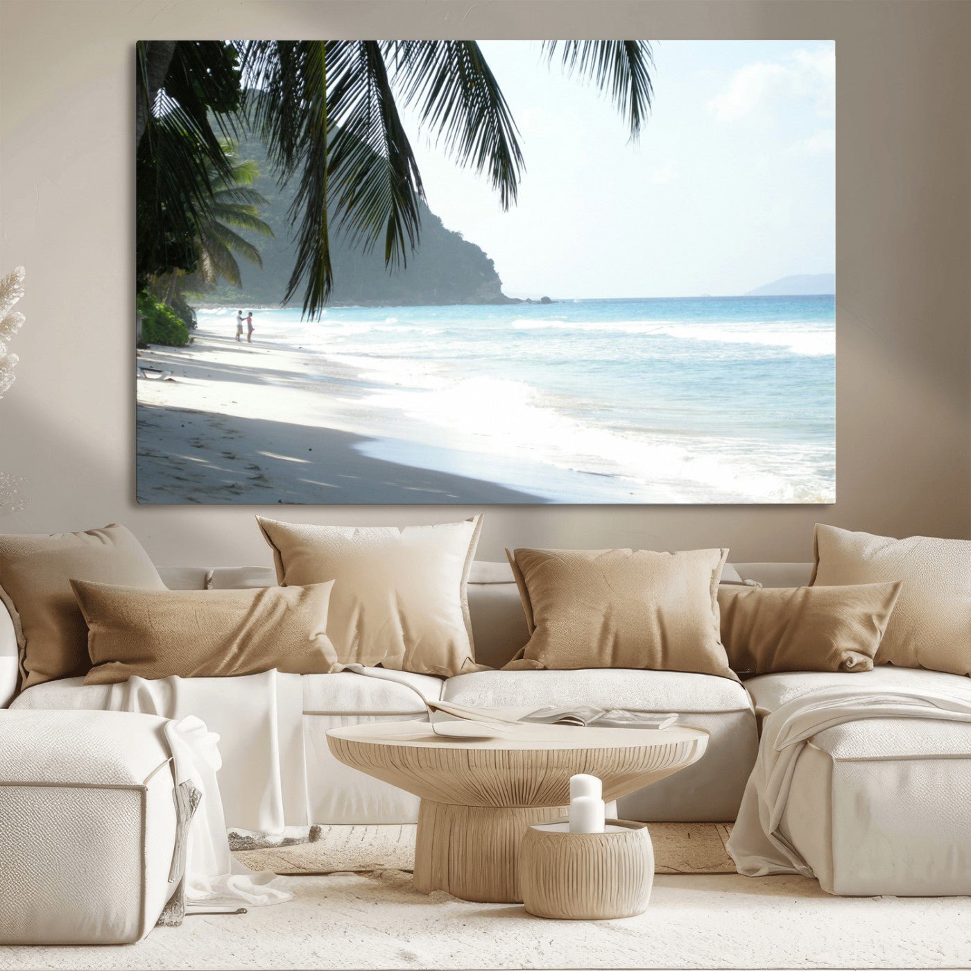Tropical beach with palm tree shadows, white sand, and turquoise ocean waves, creating a serene and relaxing island escape atmosphere.