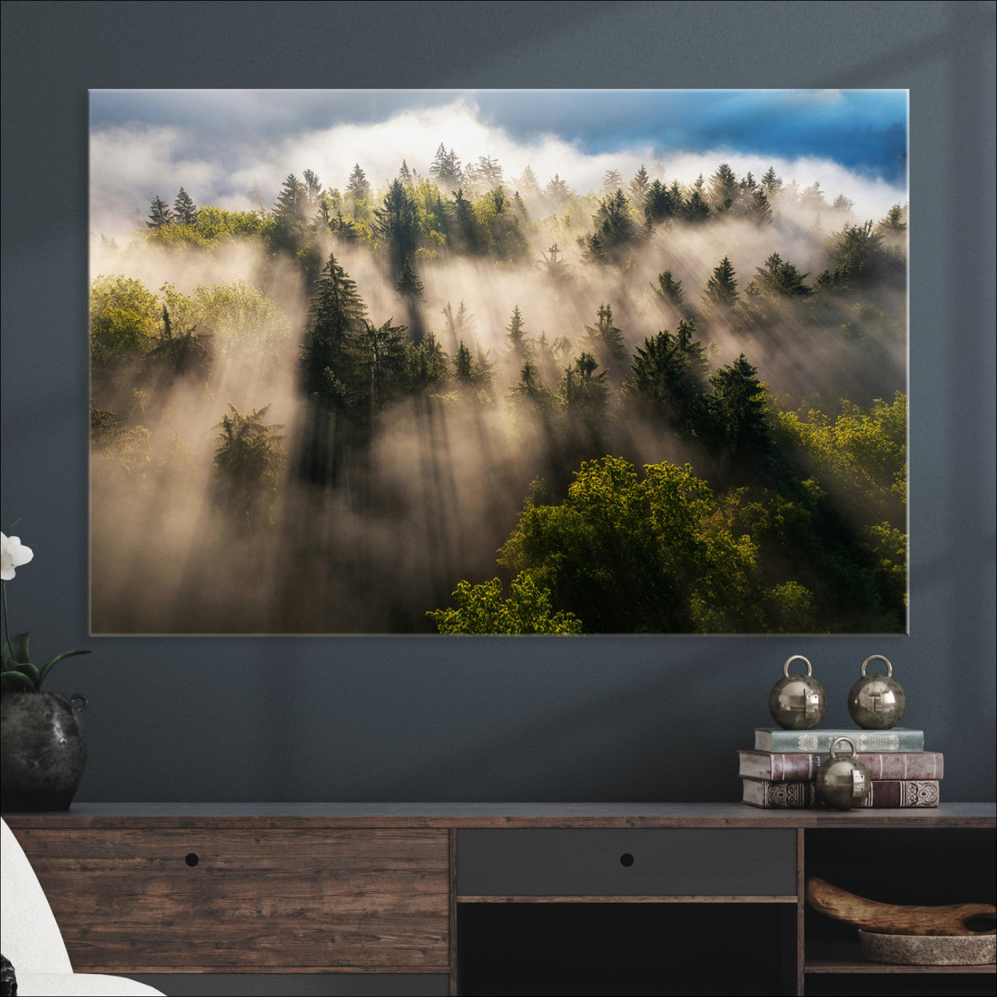 Tranquil Forest Scene Wall Art Canvas Print, Framed Sunbeam Through Trees Art Picture Print, Moody Green Wall Art Perfect Scandinavian