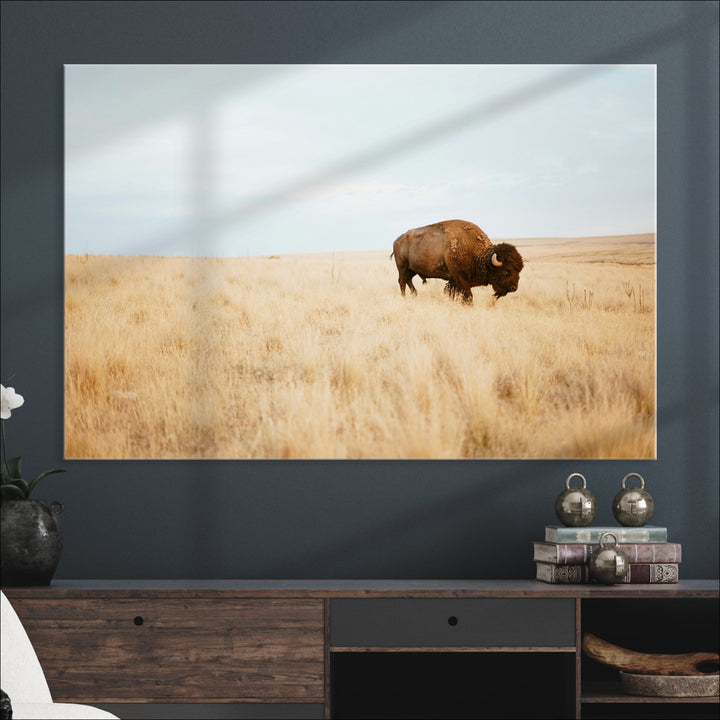 Buffalo Wall Art Canvas Print, Framed Western Wildlife Wall Decor Art Picture Print, Rustic Farmhouse Art Perfect Rustic Western Decor