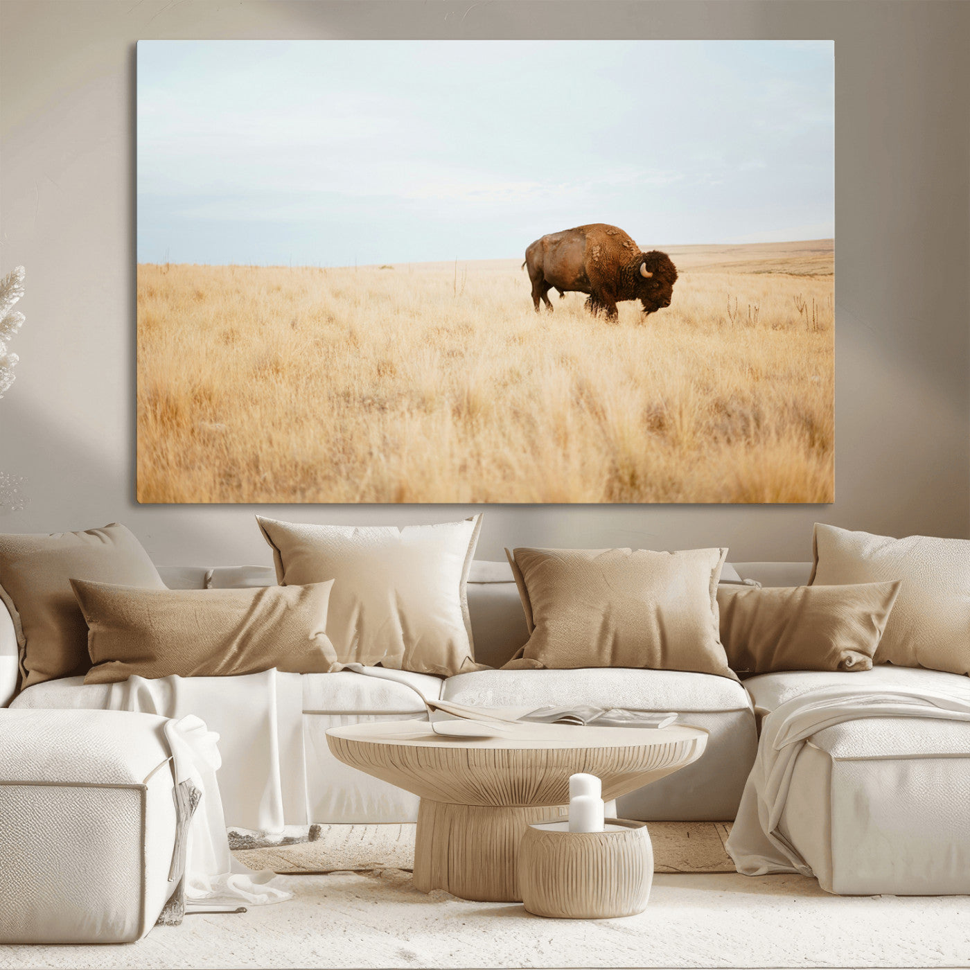 A lone bison standing in a vast golden grassland under a soft blue sky, evoking a rustic and Western aesthetic, ideal for farmhouse decor.
