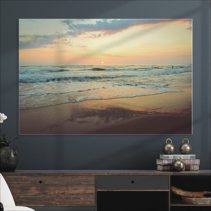 Sunset Seascape Wall Art Canvas Print, Framed Pastel Ocean View Art Picture Print, Tranquil Shoreline Perfect Boho Coastal Decor Artwork