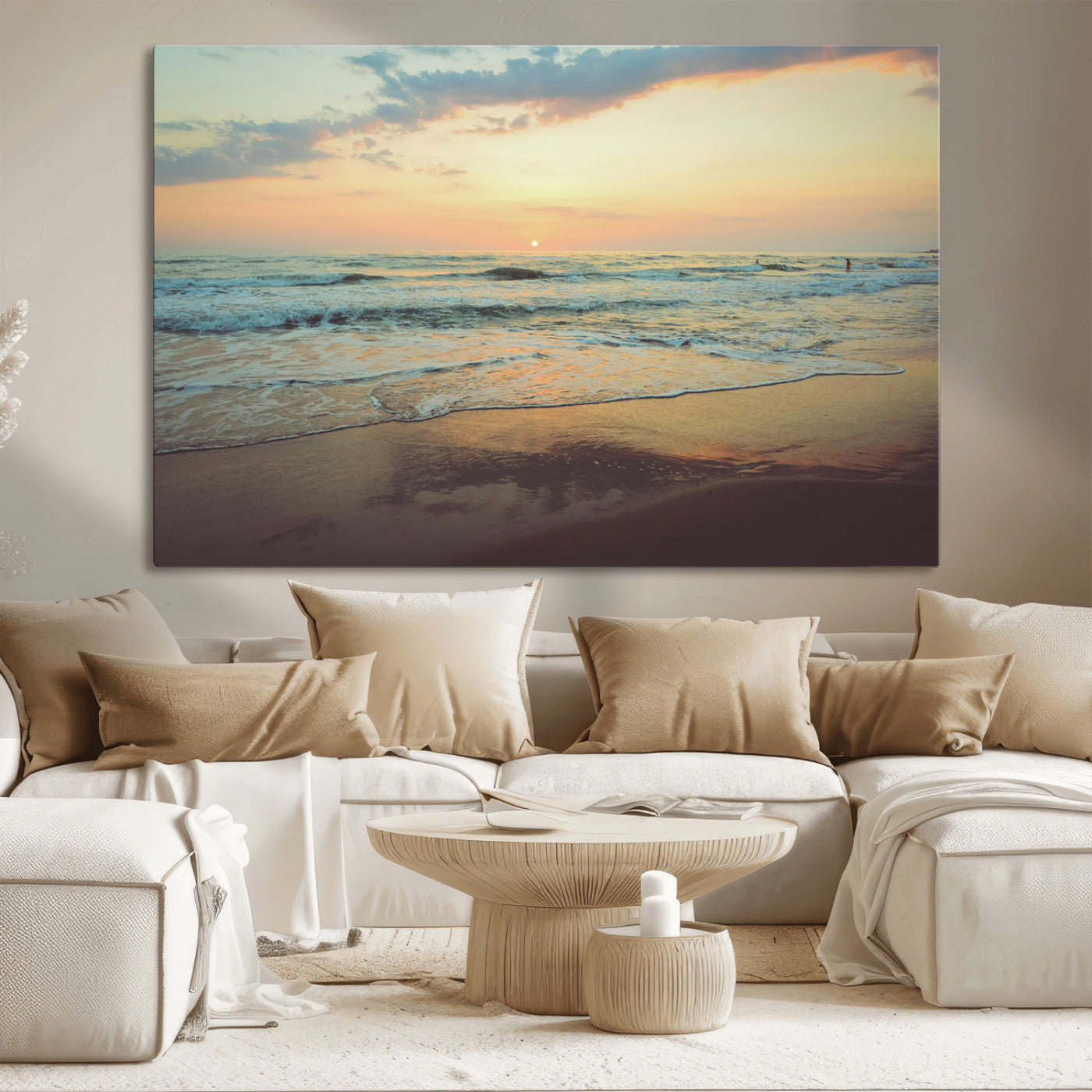Warm sunset over gentle ocean waves with pastel sky and reflections on wet sand, creating a calm and soothing beach ambiance.