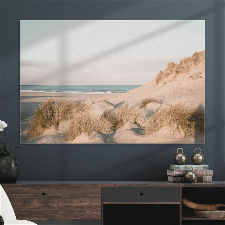 Minimalist Seascape Wall Art Canvas Print, Framed Neutral Beach Print Art Picture Print, Sand Dune Photography Perfect Scandinavian Coastal