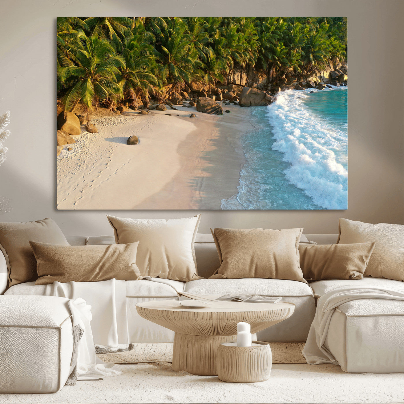 Tropical beach with golden sand, turquoise ocean waves, and lush palm trees, creating a serene coastal paradise for beach-themed decor.