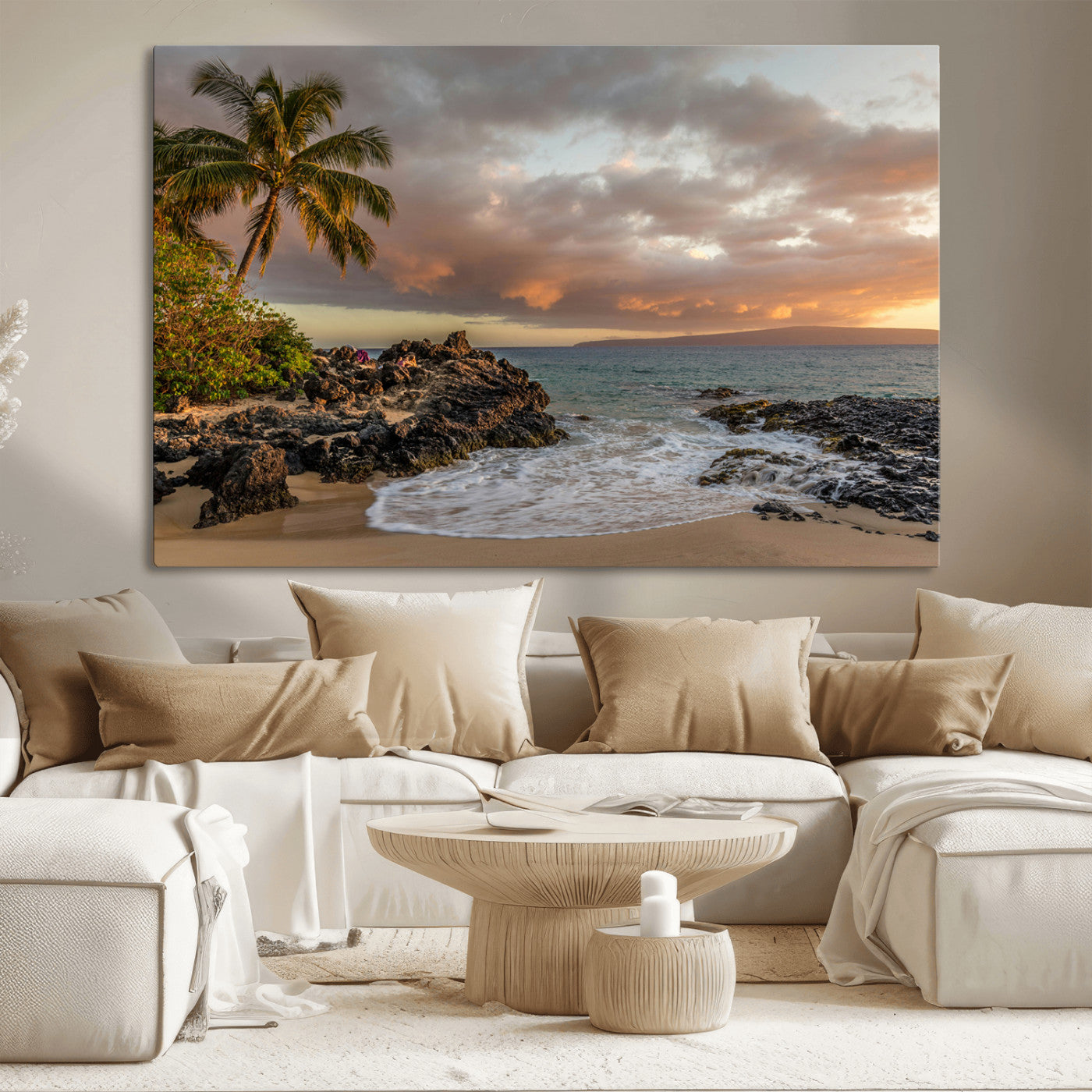 Golden sunset over a tropical beach with palm trees, rocky shoreline, and gentle ocean waves, perfect for coastal and island-inspired decor.