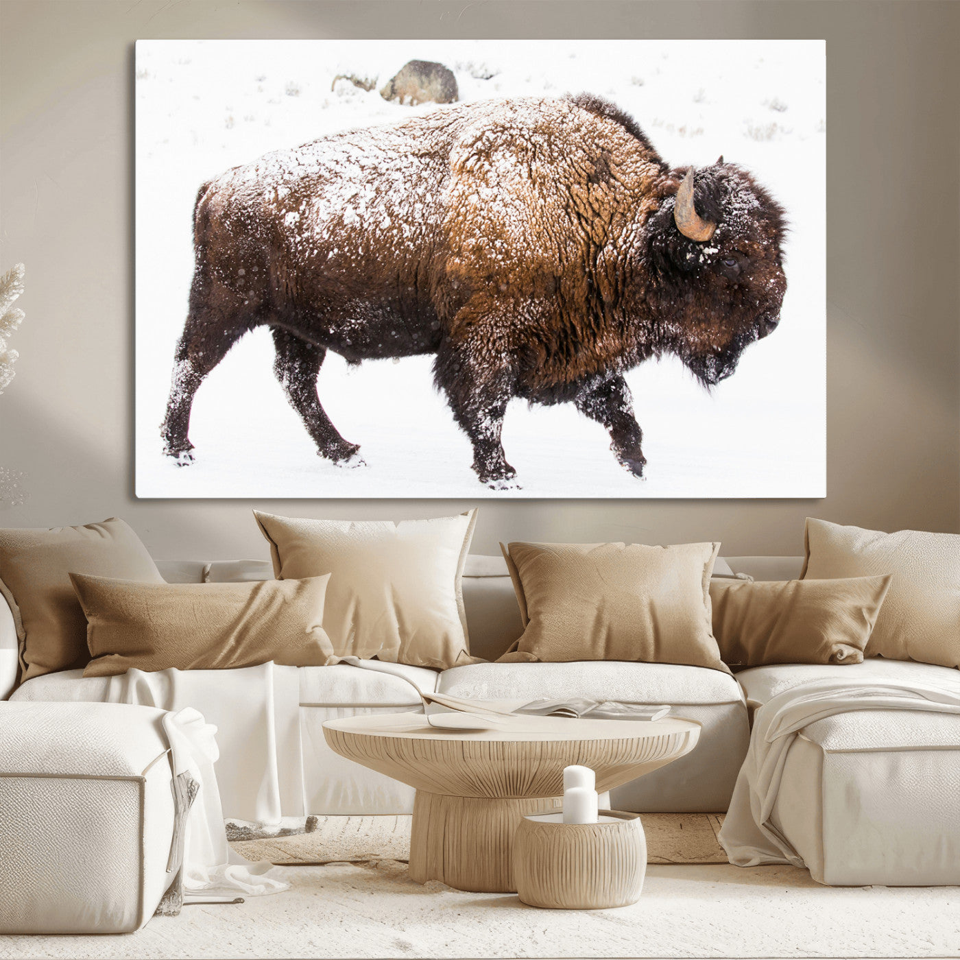 Side profile of a powerful bison walking through deep snow, with frost-covered fur and a white winter background, perfect for rustic and western decor.