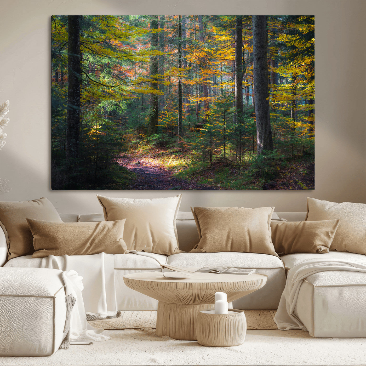 A serene autumn forest with golden and green leaves, a misty atmosphere, and a sunlit pathway, creating a tranquil nature-inspired wall art piece.
