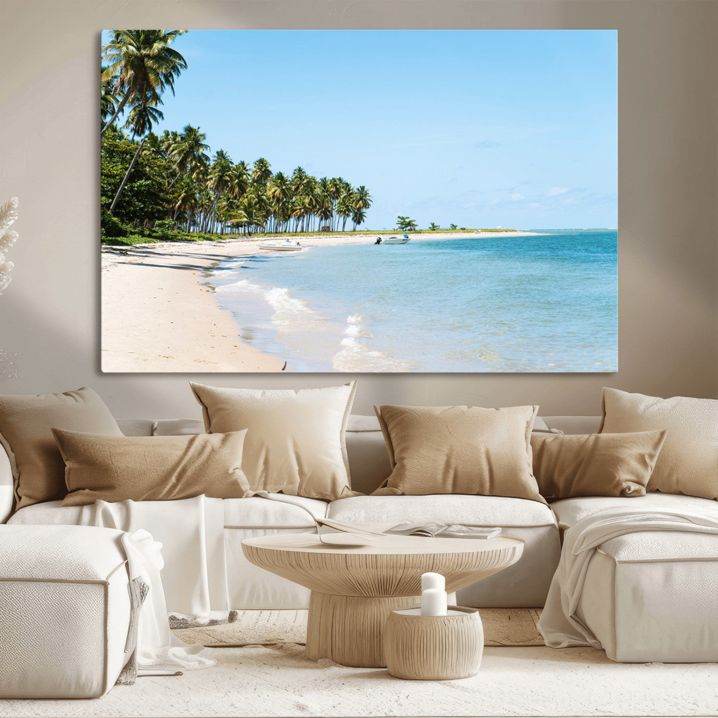 A serene tropical beach with clear blue water, soft sand, and lush palm trees under a bright sky, creating a peaceful island paradise atmosphere.