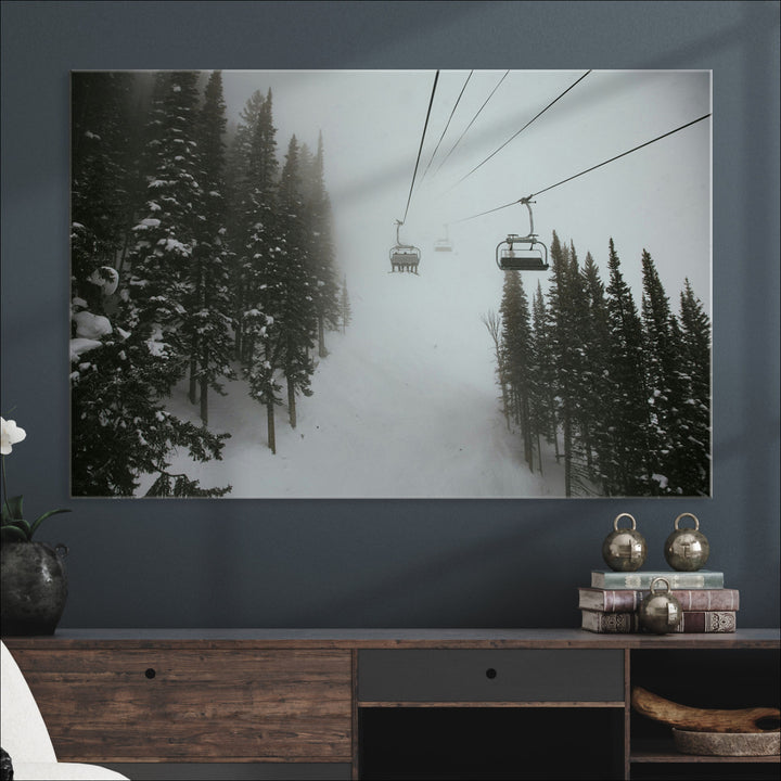Ski Lift Wall Art Canvas Print, Framed Snowy Pines Art Picture Print, Misty Landscape Perfect Winter Serenity Decor Artwork