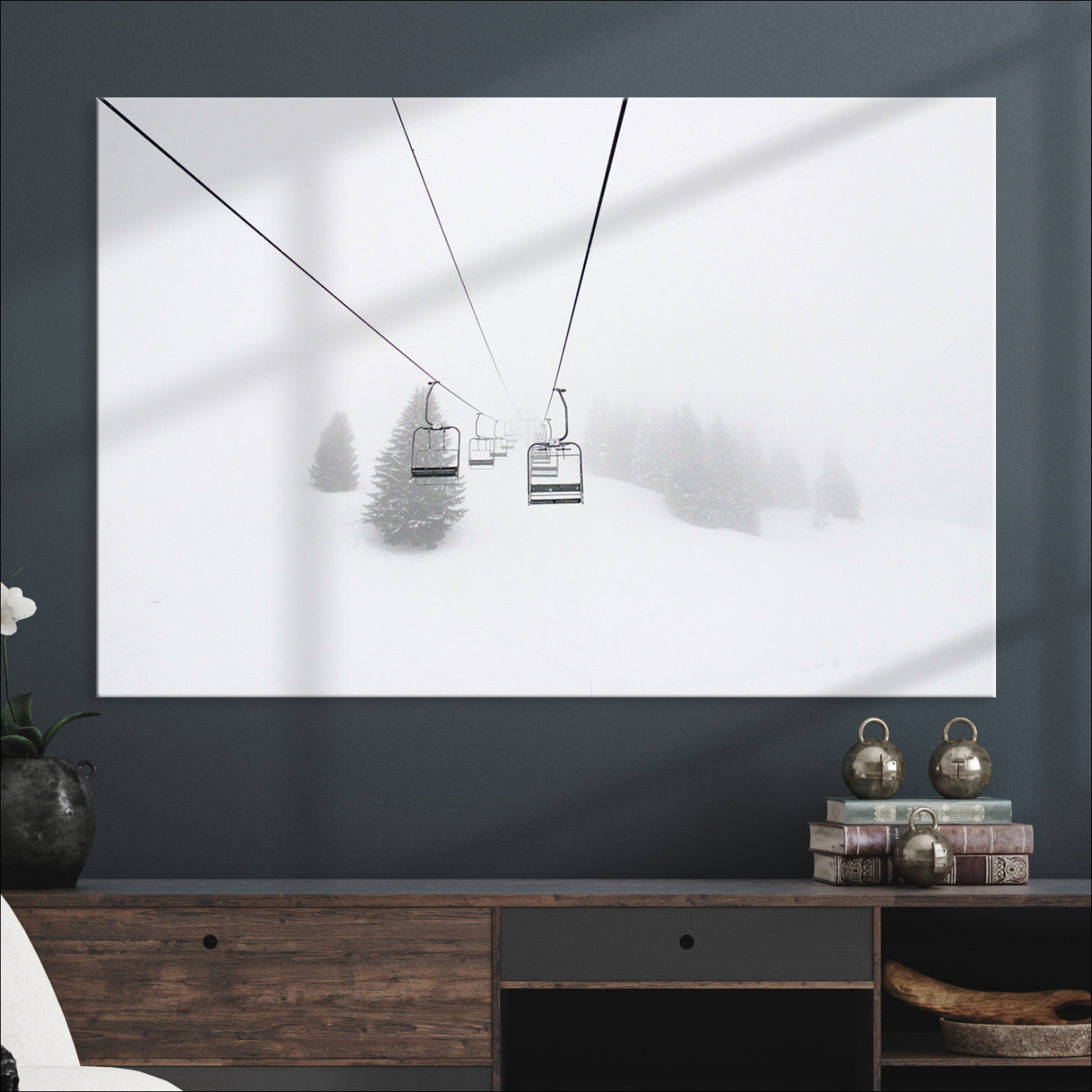Ski Lift Print Wall Art Canvas, Framed Snowy Landscape Art Picture Print, Alpine Adventure Perfect Nordic Minimalist Decor Artwork