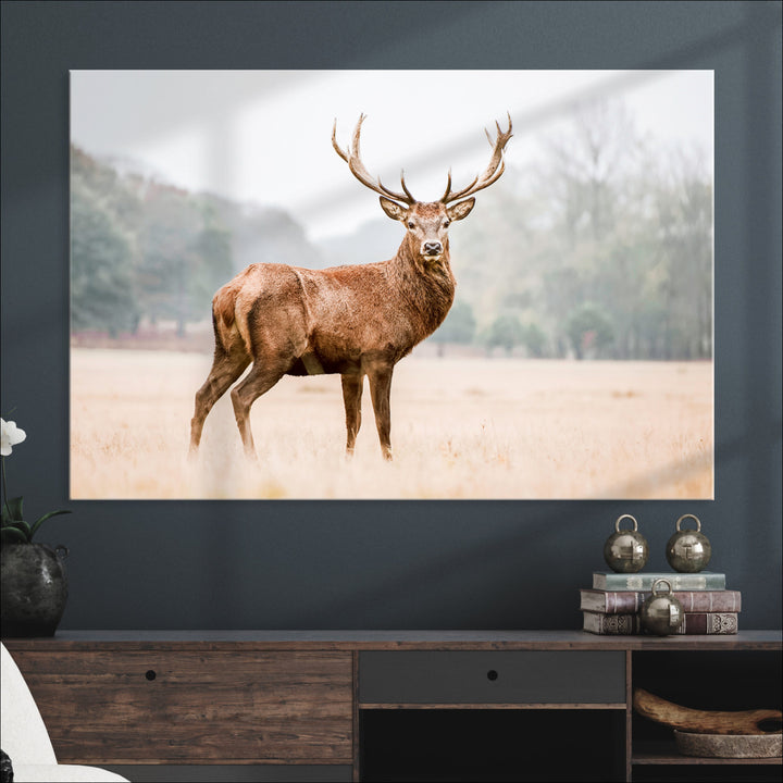 Vintage Wildlife Canvas Print, Framed Misty Landscape Art Picture Print, Deer Wall Art Perfect Rustic Wildlife Decor Artwork